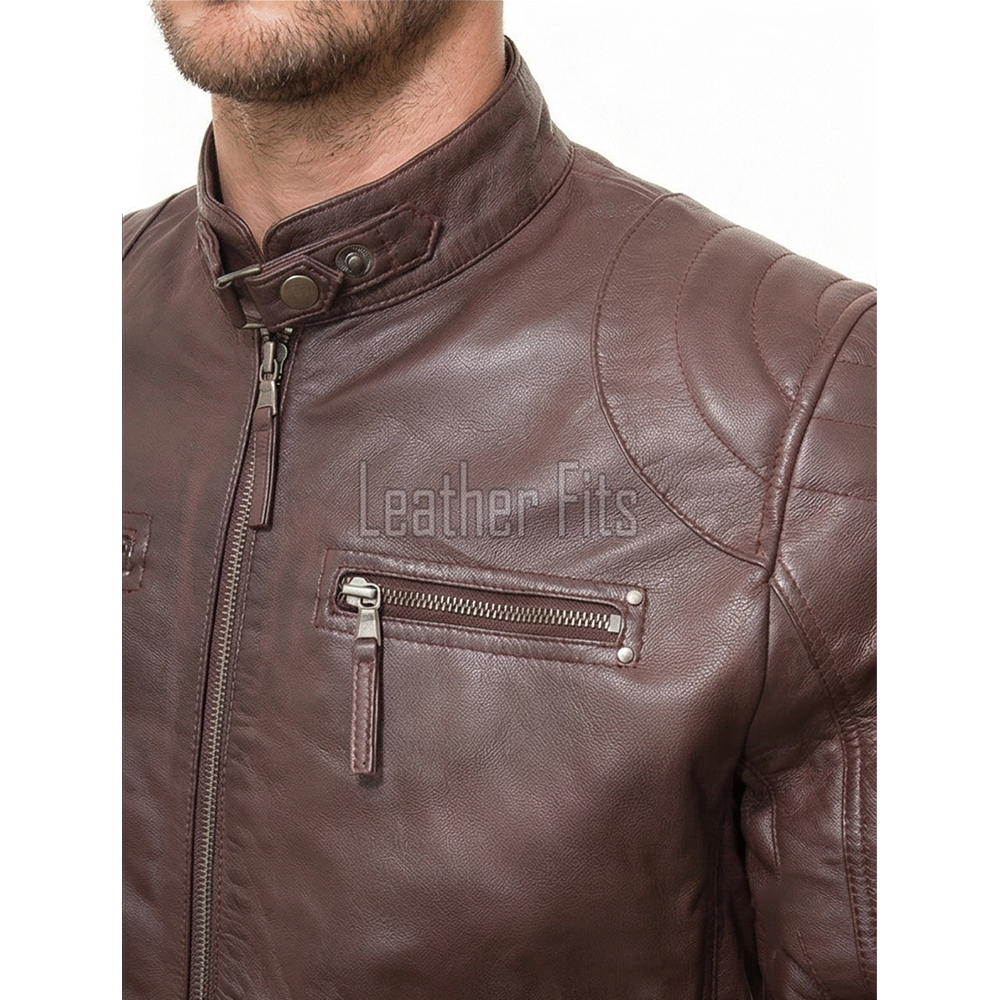 Men Cocoa Brown Leather Jacket | Premium Quilted Sheepskin Cafe Racer | Vintage Chestnut Earth Tone Moto Rider Zipper Blouson