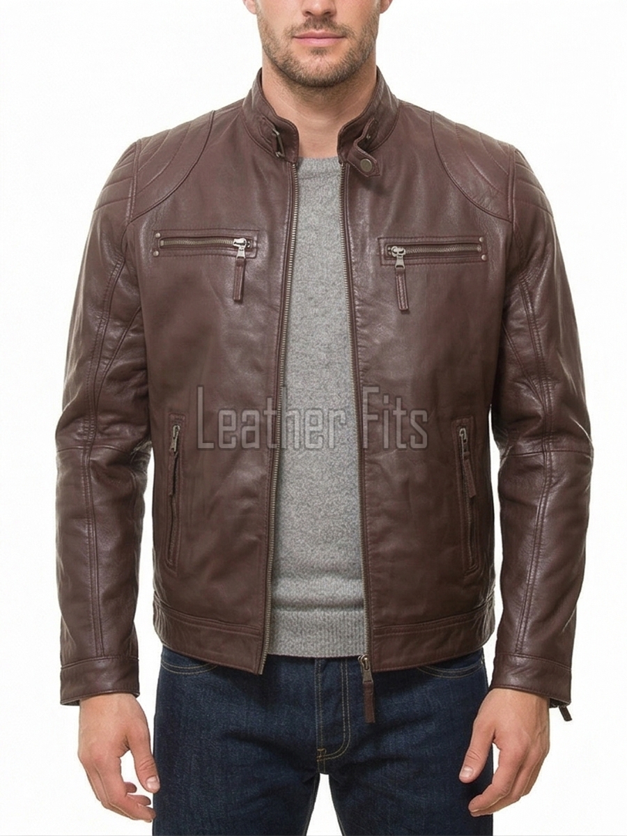 Men Cocoa Brown Leather Jacket | Premium Quilted Sheepskin Cafe Racer | Vintage Chestnut Earth Tone Moto Rider Zipper Blouson
