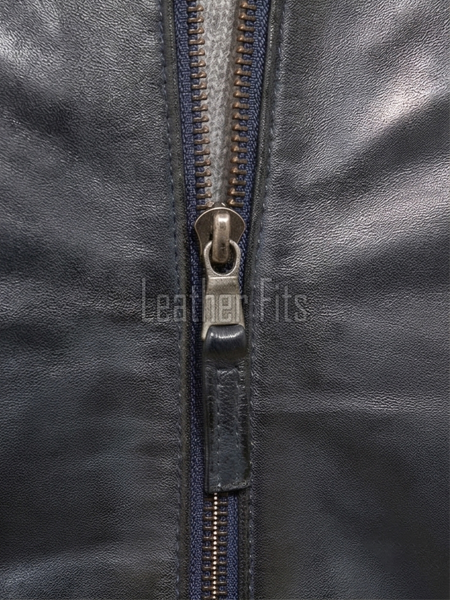 Men Navy Blue Leather Jacket | Premium Quilted Sheepskin Cafe Racer | Vintage Distressed Midnight Indigo Moto Rider Zipper Blouson