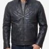 Men Navy Blue Leather Jacket | Premium Quilted Sheepskin Cafe Racer | Vintage Distressed Midnight Indigo Moto Rider Zipper Blouson
