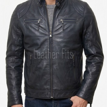 Men Navy Blue Leather Jacket | Premium Quilted Sheepskin Cafe Racer | Vintage Distressed Midnight Indigo Moto Rider Zipper Blouson