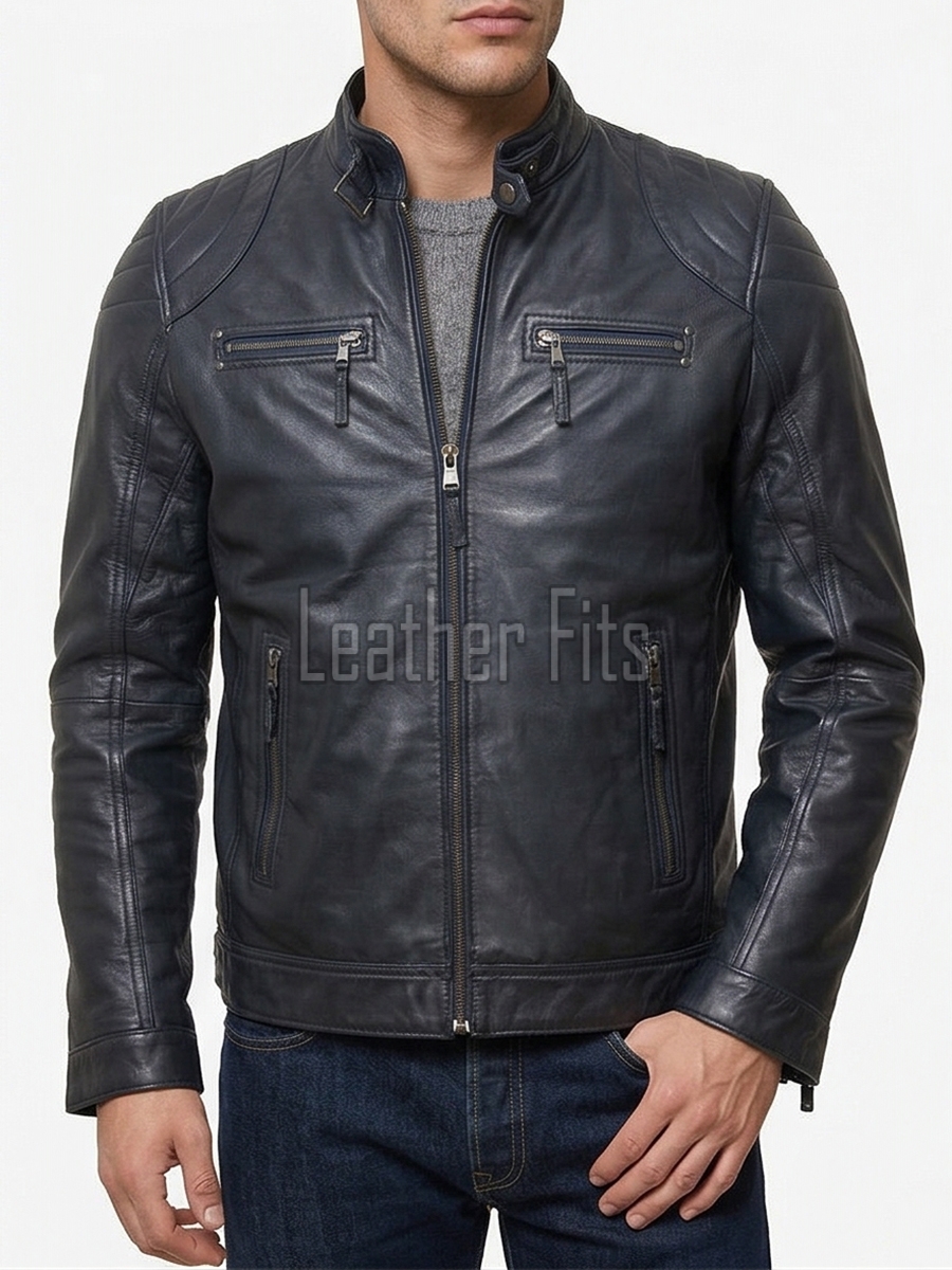 Men Navy Blue Leather Jacket | Premium Quilted Sheepskin Cafe Racer | Vintage Distressed Midnight Indigo Moto Rider Zipper Blouson