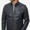 Men Navy Blue Leather Jacket | Premium Quilted Sheepskin Cafe Racer | Vintage Distressed Midnight Indigo Moto Rider Zipper Blouson