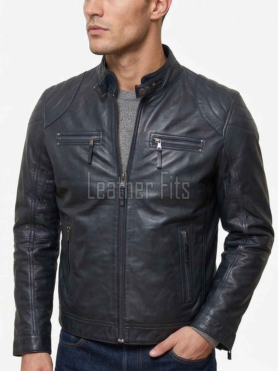 Men Navy Blue Leather Jacket | Premium Quilted Sheepskin Cafe Racer | Vintage Distressed Midnight Indigo Moto Rider Zipper Blouson