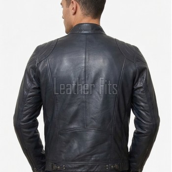 Men Navy Blue Leather Jacket | Premium Quilted Sheepskin Cafe Racer | Vintage Distressed Midnight Indigo Moto Rider Zipper Blouson