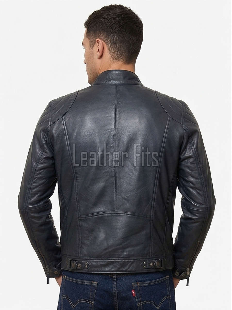 Men Navy Blue Leather Jacket | Premium Quilted Sheepskin Cafe Racer | Vintage Distressed Midnight Indigo Moto Rider Zipper Blouson