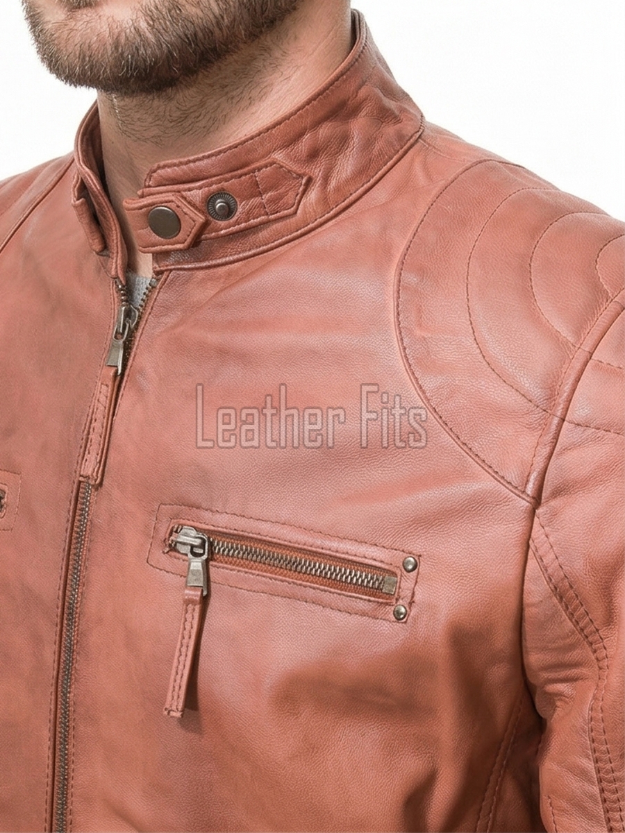 Men Cognac Tan Leather Jacket | Premium Quilted Sheepskin Cafe Racer | Vintage Terracotta Ginger Moto Rider Zipper Blouson
