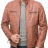 Men Cognac Tan Leather Jacket | Premium Quilted Sheepskin Cafe Racer | Vintage Terracotta Ginger Moto Rider Zipper Blouson