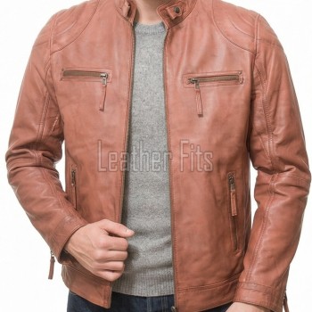 Men Cognac Tan Leather Jacket | Premium Quilted Sheepskin Cafe Racer | Vintage Terracotta Ginger Moto Rider Zipper Blouson
