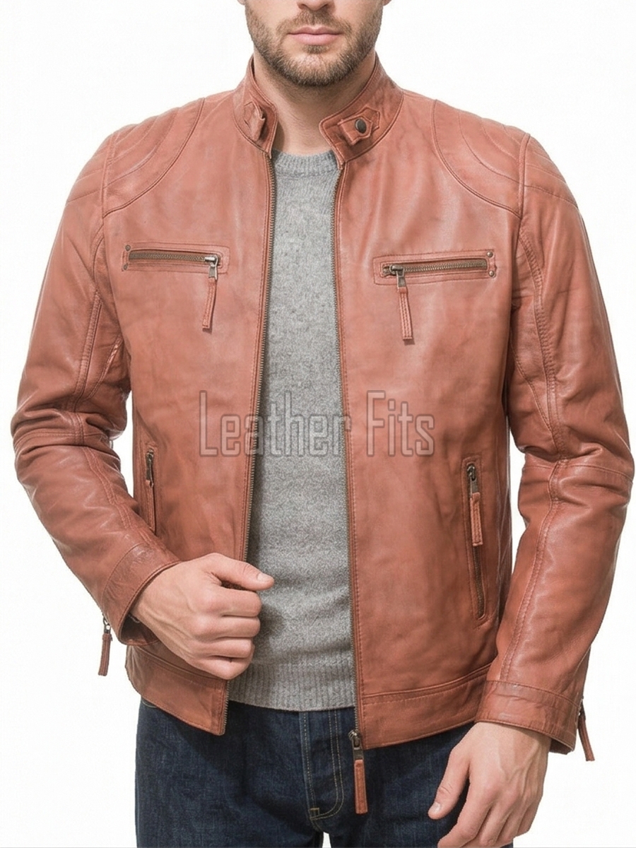 Men Cognac Tan Leather Jacket | Premium Quilted Sheepskin Cafe Racer | Vintage Terracotta Ginger Moto Rider Zipper Blouson