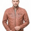 Men Cognac Tan Leather Jacket | Premium Quilted Sheepskin Cafe Racer | Vintage Terracotta Ginger Moto Rider Zipper Blouson