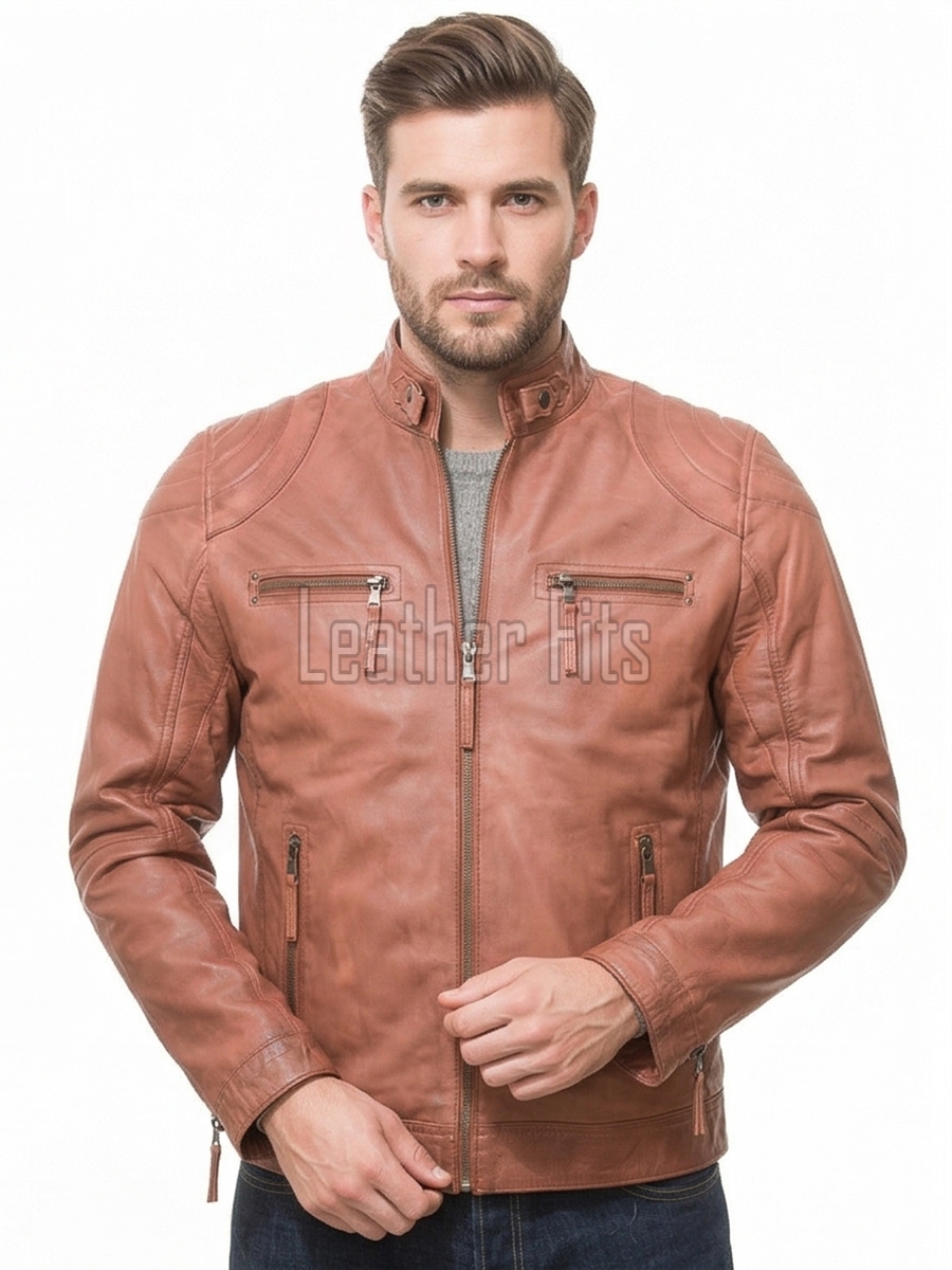 Men Cognac Tan Leather Jacket | Premium Quilted Sheepskin Cafe Racer | Vintage Terracotta Ginger Moto Rider Zipper Blouson