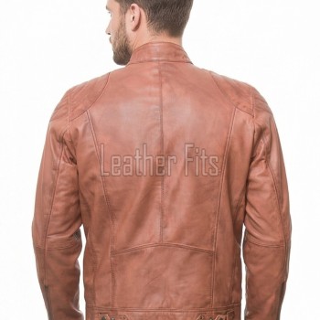 Men Cognac Tan Leather Jacket | Premium Quilted Sheepskin Cafe Racer | Vintage Terracotta Ginger Moto Rider Zipper Blouson