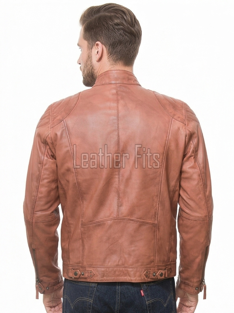 Men Cognac Tan Leather Jacket | Premium Quilted Sheepskin Cafe Racer | Vintage Terracotta Ginger Moto Rider Zipper Blouson