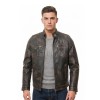 Men Distressed Charcoal Leather Jacket | Premium Burnished Sheepskin Cafe Racer | Vintage Smoked Espresso Moto Rider Zipper Blouson