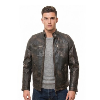 Men Distressed Charcoal Leather Jacket | Premium Burnished Sheepskin Cafe Racer | Vintage Smoked Espresso Moto Rider Zipper Blouson
