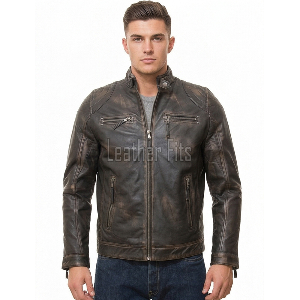 Men Distressed Charcoal Leather Jacket | Premium Burnished Sheepskin Cafe Racer | Vintage Smoked Espresso Moto Rider Zipper Blouson
