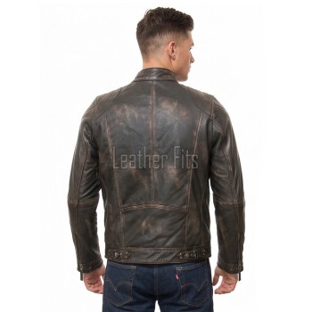 Men Distressed Charcoal Leather Jacket | Premium Burnished Sheepskin Cafe Racer | Vintage Smoked Espresso Moto Rider Zipper Blouson