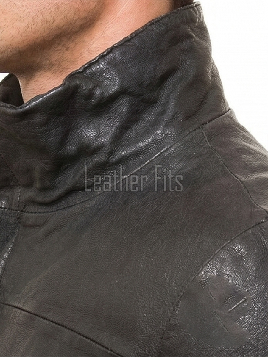 Men Onyx Black Leather Jacket | Premium Heavy Hand-Stitched Moto Bomber | Vintage Distressed Washed Charcoal Ribbed Hybrid Blouson