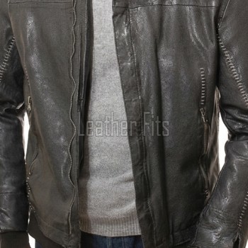 Men Onyx Black Leather Jacket | Premium Heavy Hand-Stitched Moto Bomber | Vintage Distressed Washed Charcoal Ribbed Hybrid Blouson