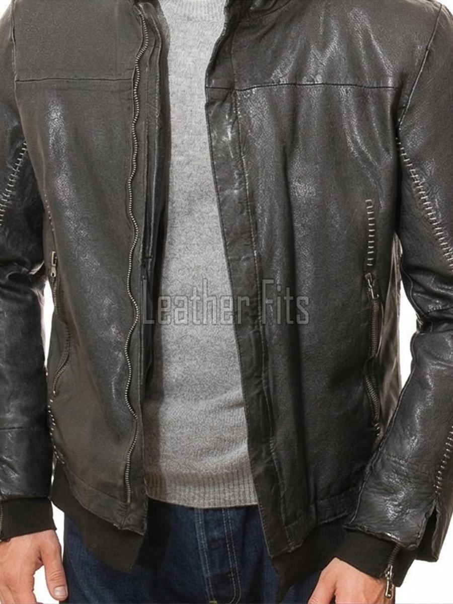 Men Onyx Black Leather Jacket | Premium Heavy Hand-Stitched Moto Bomber | Vintage Distressed Washed Charcoal Ribbed Hybrid Blouson