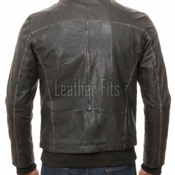 Men Onyx Black Leather Jacket | Premium Heavy Hand-Stitched Moto Bomber | Vintage Distressed Washed Charcoal Ribbed Hybrid Blouson