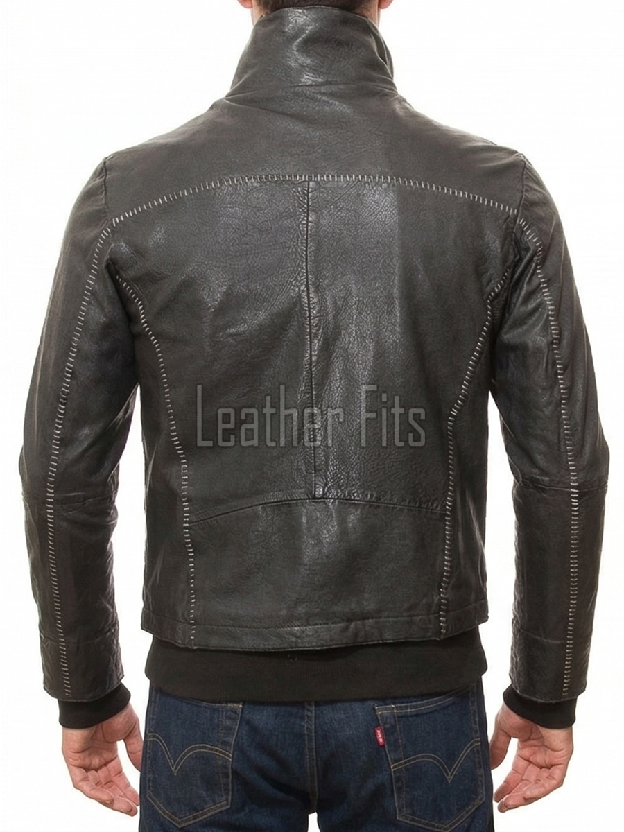 Men Onyx Black Leather Jacket | Premium Heavy Hand-Stitched Moto Bomber | Vintage Distressed Washed Charcoal Ribbed Hybrid Blouson
