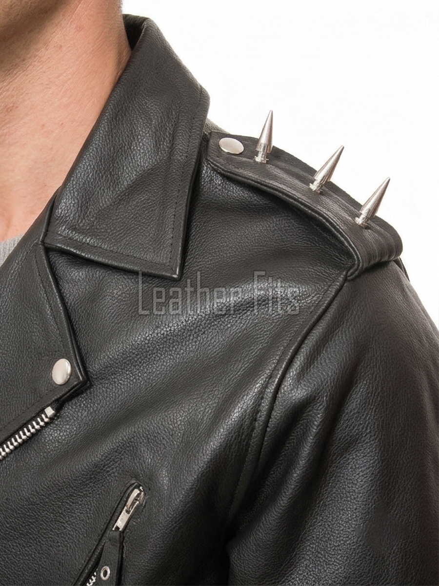 Men Onyx Black Leather Biker Jacket | Premium Chrome Spiked Epaulet Brando Rider | Vintage Asymmetric Heavy Metal Rocker Belted Blouson