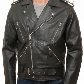 Men Onyx Black Leather Biker Jacket | Premium Chrome Spiked Epaulet Brando Rider | Vintage Asymmetric Heavy Metal Rocker Belted Blouson