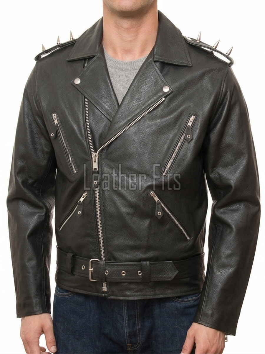 Men Onyx Black Leather Biker Jacket | Premium Chrome Spiked Epaulet Brando Rider | Vintage Asymmetric Heavy Metal Rocker Belted Blouson