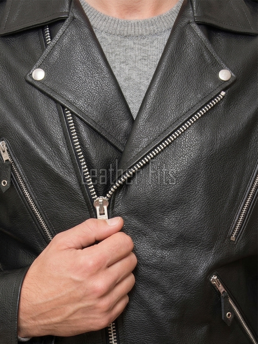 Men Onyx Black Leather Biker Jacket | Premium Chrome Spiked Epaulet Brando Rider | Vintage Asymmetric Heavy Metal Rocker Belted Blouson