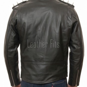 Men Onyx Black Leather Biker Jacket | Premium Chrome Spiked Epaulet Brando Rider | Vintage Asymmetric Heavy Metal Rocker Belted Blouson