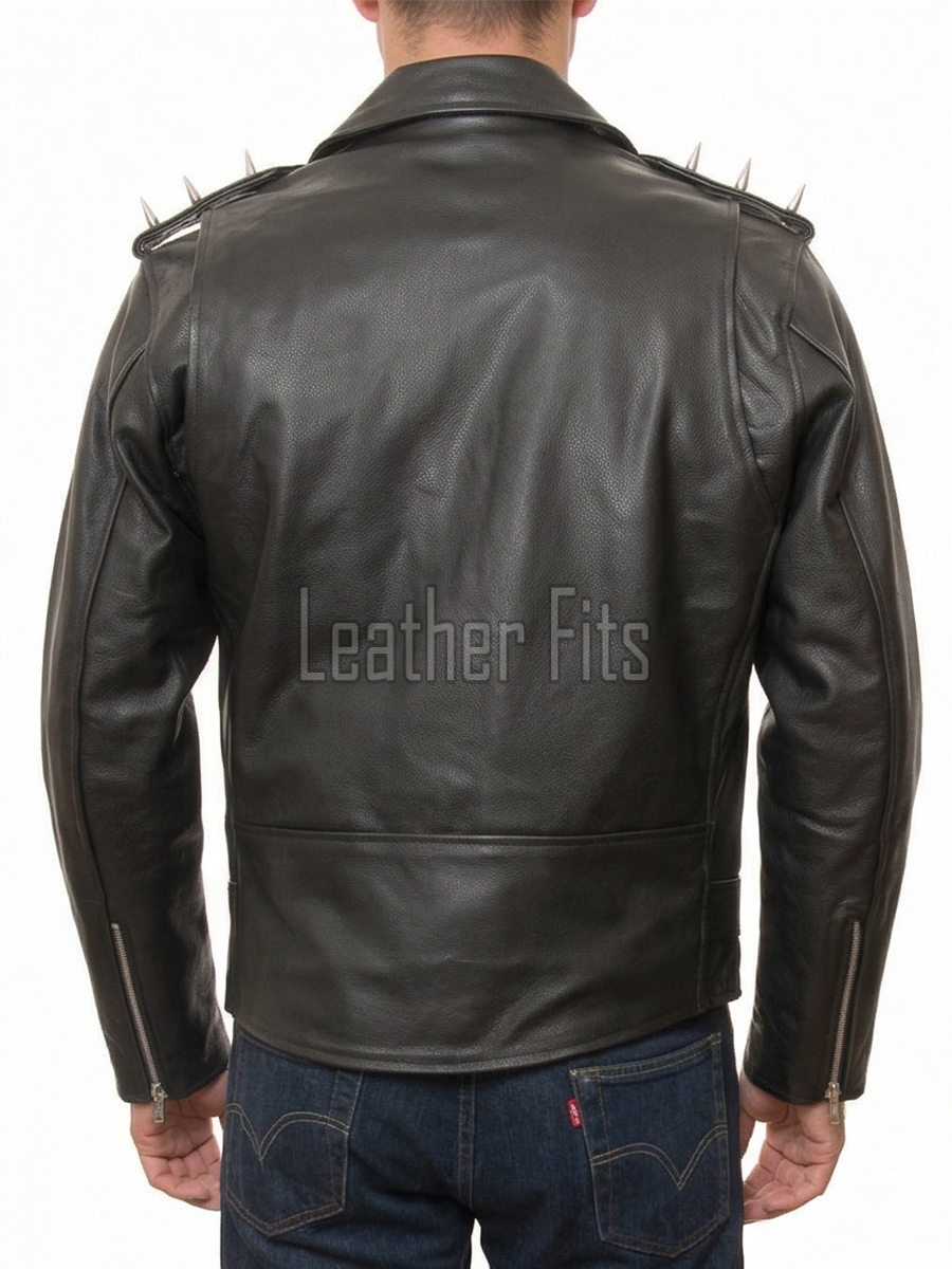 Men Onyx Black Leather Biker Jacket | Premium Chrome Spiked Epaulet Brando Rider | Vintage Asymmetric Heavy Metal Rocker Belted Blouson
