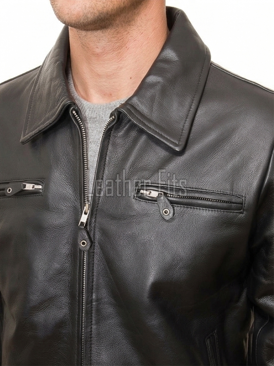 Men Classic Black Leather Shirt Collar Jacket | Premium Semi-Gloss Mechanic Moto Blouson | D-Ring Belted Everyday Rider Outerwear