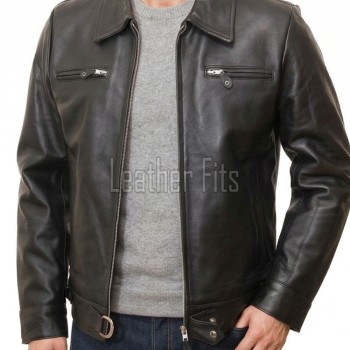 Men Classic Black Leather Shirt Collar Jacket | Premium Semi-Gloss Mechanic Moto Blouson | D-Ring Belted Everyday Rider Outerwear