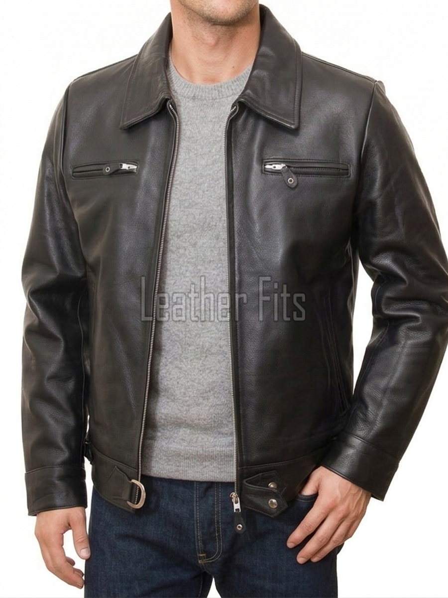Men Classic Black Leather Shirt Collar Jacket | Premium Semi-Gloss Mechanic Moto Blouson | D-Ring Belted Everyday Rider Outerwear