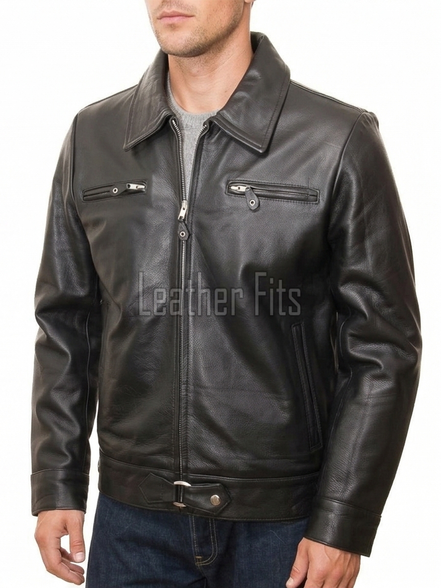 Men Classic Black Leather Shirt Collar Jacket | Premium Semi-Gloss Mechanic Moto Blouson | D-Ring Belted Everyday Rider Outerwear