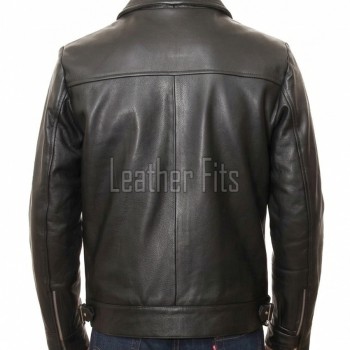 Men Classic Black Leather Shirt Collar Jacket | Premium Semi-Gloss Mechanic Moto Blouson | D-Ring Belted Everyday Rider Outerwear