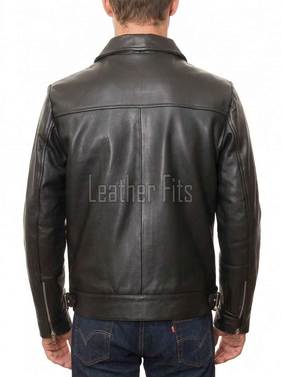 Men Classic Black Leather Shirt Collar Jacket | Premium Semi-Gloss Mechanic Moto Blouson | D-Ring Belted Everyday Rider Outerwear