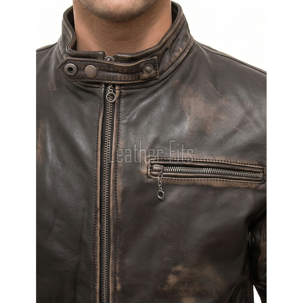 Men Distressed Brown Leather Jacket | Premium Burnished Cocoa Sheepskin Cafe Racer | Vintage Muddy Umber Moto Rider Ball-Chain Blouson
