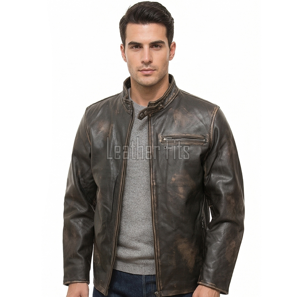 Men Distressed Brown Leather Jacket | Premium Burnished Cocoa Sheepskin Cafe Racer | Vintage Muddy Umber Moto Rider Ball-Chain Blouson