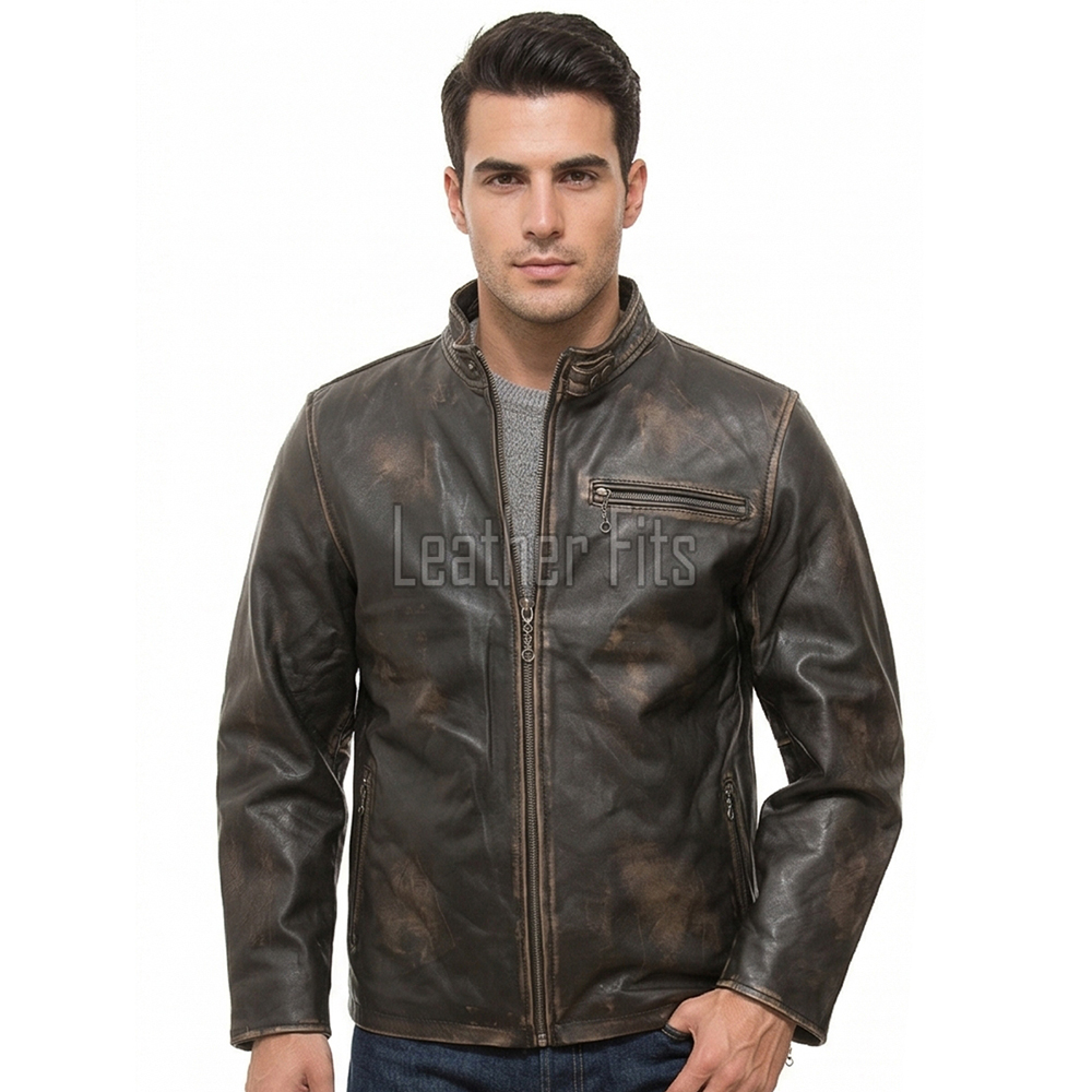 Men Distressed Brown Leather Jacket | Premium Burnished Cocoa Sheepskin Cafe Racer | Vintage Muddy Umber Moto Rider Ball-Chain Blouson