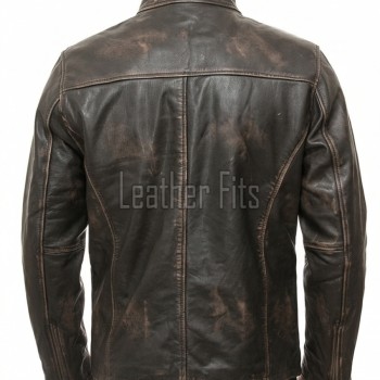 Men Distressed Brown Leather Jacket | Premium Burnished Cocoa Sheepskin Cafe Racer | Vintage Muddy Umber Moto Rider Ball-Chain Blouson