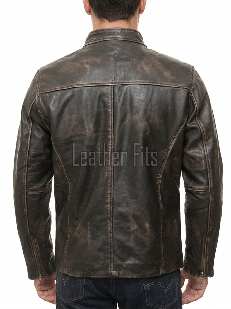 Men Distressed Brown Leather Jacket | Premium Burnished Cocoa Sheepskin Cafe Racer | Vintage Muddy Umber Moto Rider Ball-Chain Blouson