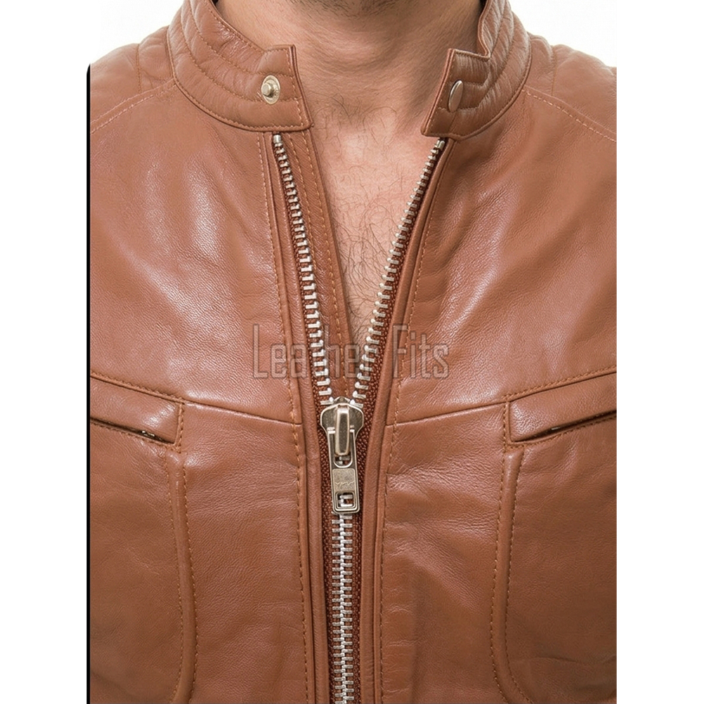Men Tan Brown Leather Moto Jacket | Premium Saddle Sheepskin Quilted Biker Blouson | Tactical Utility Multi-Pocket Urban Rider Outerwear