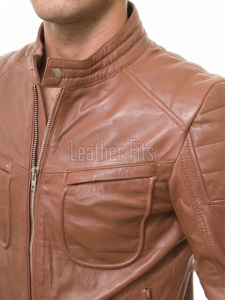 Men Tan Brown Leather Moto Jacket | Premium Saddle Sheepskin Quilted Biker Blouson | Tactical Utility Multi-Pocket Urban Rider Outerwear