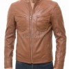Men Tan Brown Leather Moto Jacket | Premium Saddle Sheepskin Quilted Biker Blouson | Tactical Utility Multi-Pocket Urban Rider Outerwear