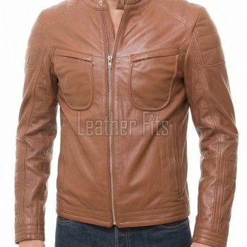 Men Tan Brown Leather Moto Jacket | Premium Saddle Sheepskin Quilted Biker Blouson | Tactical Utility Multi-Pocket Urban Rider Outerwear