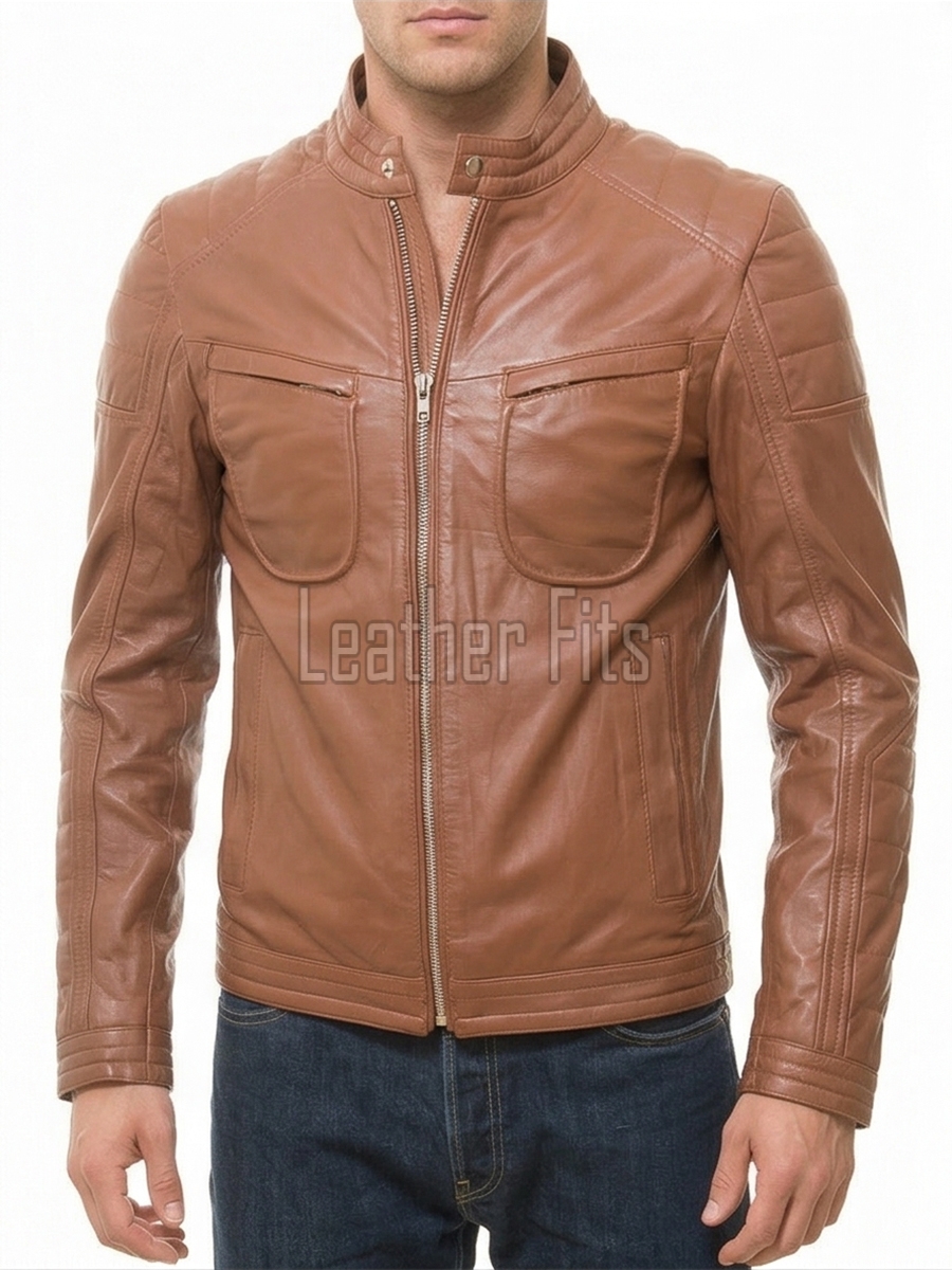 Men Tan Brown Leather Moto Jacket | Premium Saddle Sheepskin Quilted Biker Blouson | Tactical Utility Multi-Pocket Urban Rider Outerwear