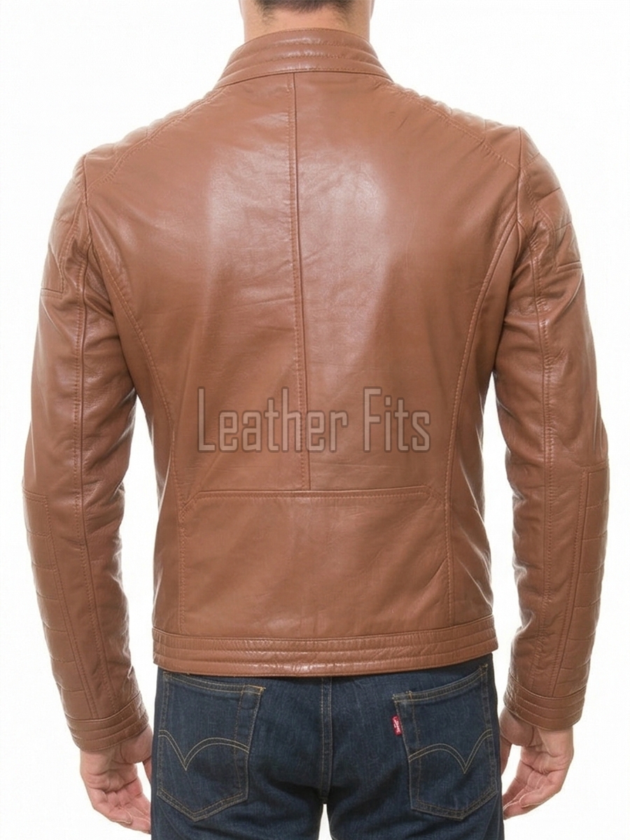 Men Tan Brown Leather Moto Jacket | Premium Saddle Sheepskin Quilted Biker Blouson | Tactical Utility Multi-Pocket Urban Rider Outerwear